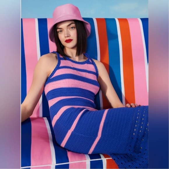 Scoop Dresses & Skirts - Scoop Blue Pink Striped Crochet Midi Dress Womens XL Sleeveless Knit Summer